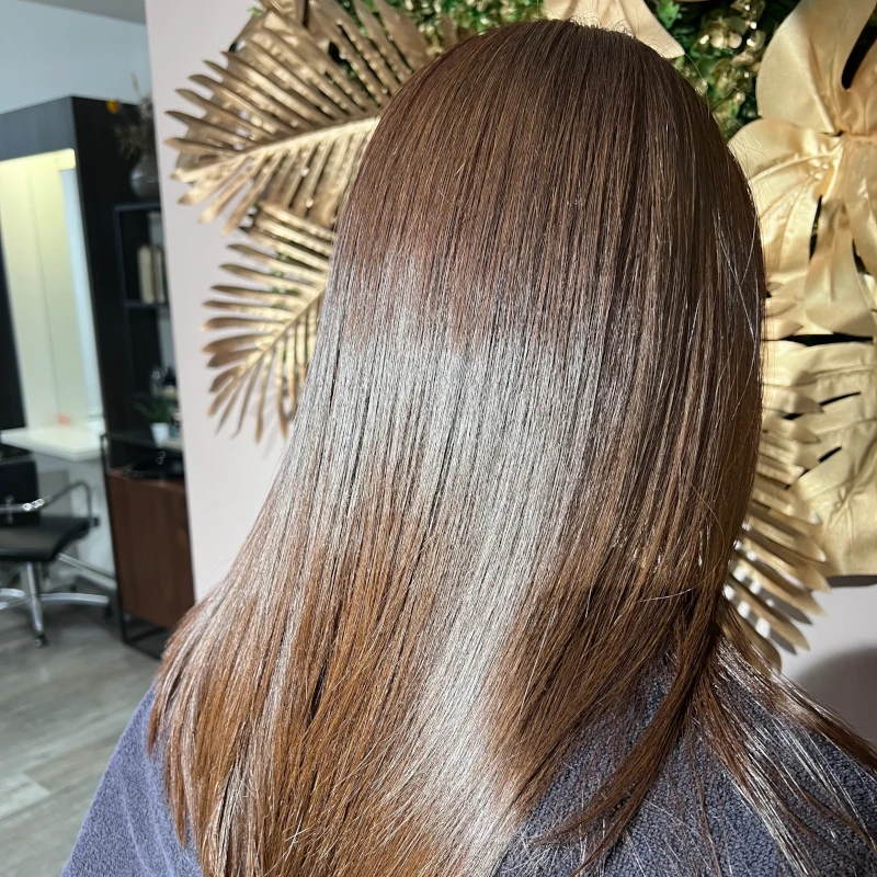 Glänzendes braunes, glattes Haar nach Friseurbehandlung im Salon von hinten