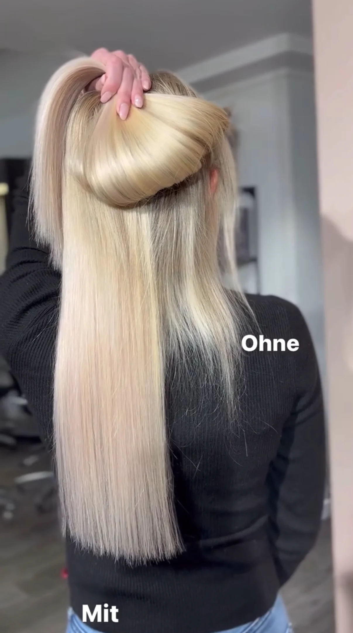 Blonde Haare vorher-nachher ohne Extensions, sichtbarer Ansatz am Hinterkopf